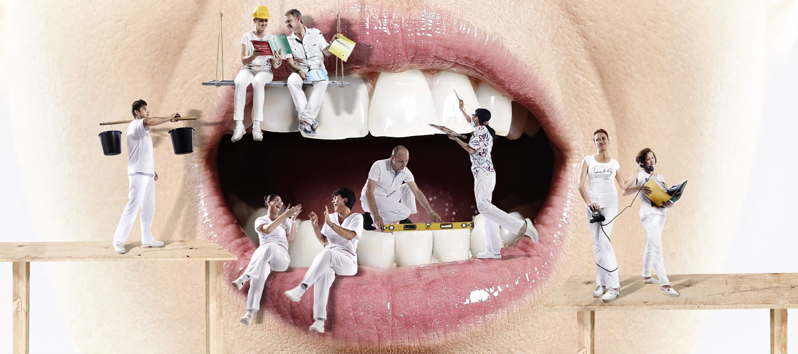 Ilustração criativa de estética dental — trabalho artesanal nos dentes