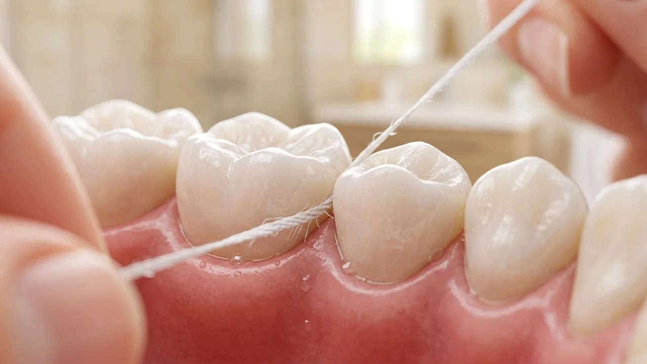 Uso correto do fio dental entre os dentes, na margem da gengiva