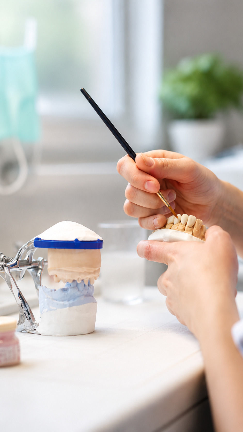 Coroa de porcelana sendo caracterizada à mão em prótese e reabilitação oral em Divinópolis